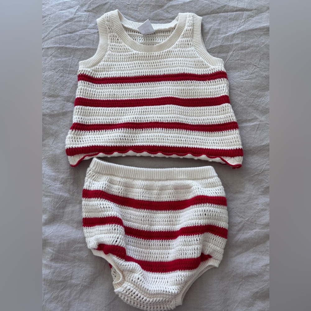 Baby GAP Crochet White/Red Stripe Cotton Top & Short Set